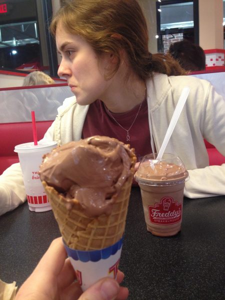 Sky didn't like this picture because she was looking away. I liked it because it showed the custard on my cone. 